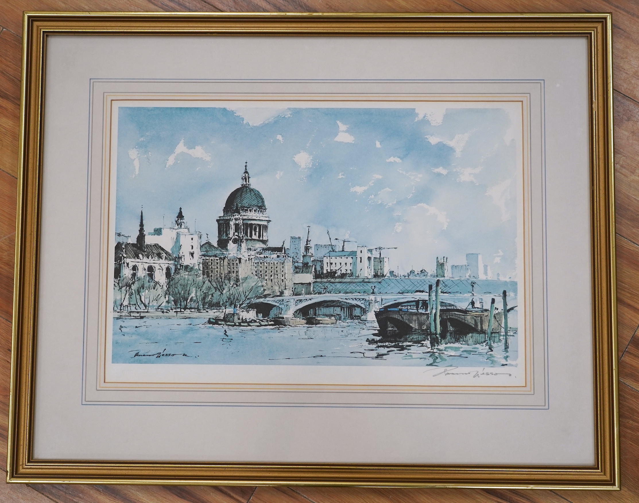 Edward Wesson (1910-1983), colour print, St Paul's and The Thames, signed in pencil, blindstamped, 35 x 52cm